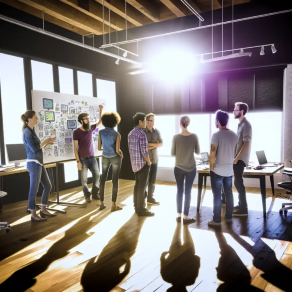 Zespół deweloperski omawiający projekt gry przy tablicy