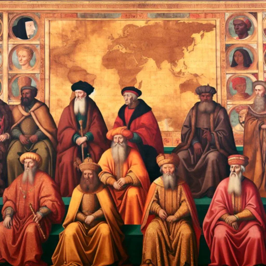 Historyczne malowidło z mapą i portretami władców