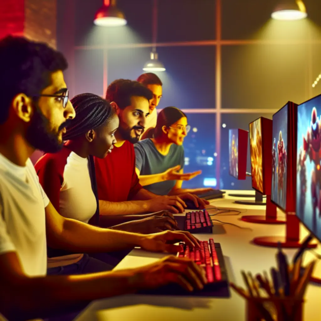 Grupa graczy omawiających strategie przy komputerach