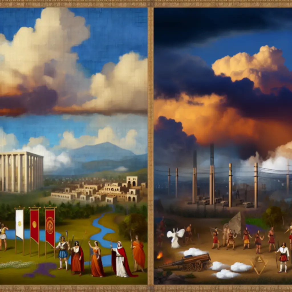 Kolaż grafik z dodatków Rise and Fall oraz Gathering Storm do Civilization VI