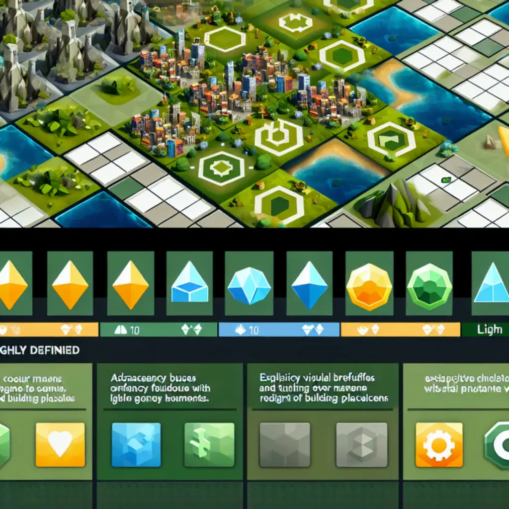 Interfejs Civilization VI z planowaniem dzielnic i premiami terenu