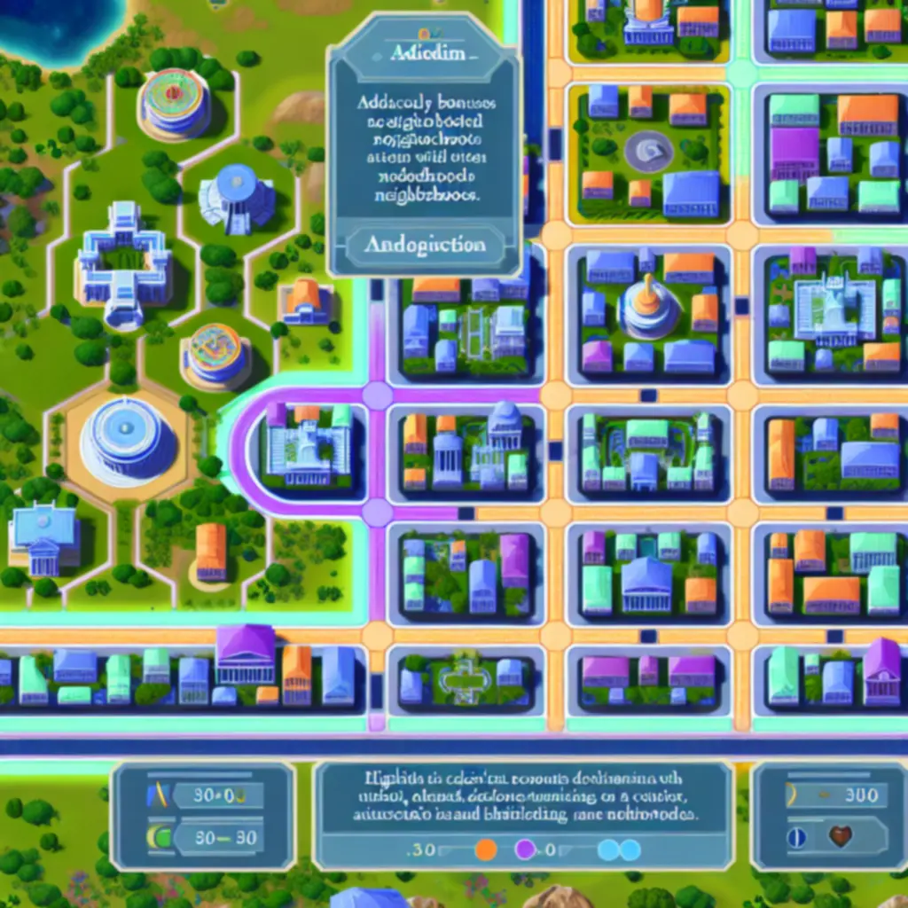 Zbliżenie na siatkę dzielnic w mieście Civilization VI z zaznaczonymi sąsiedztwami