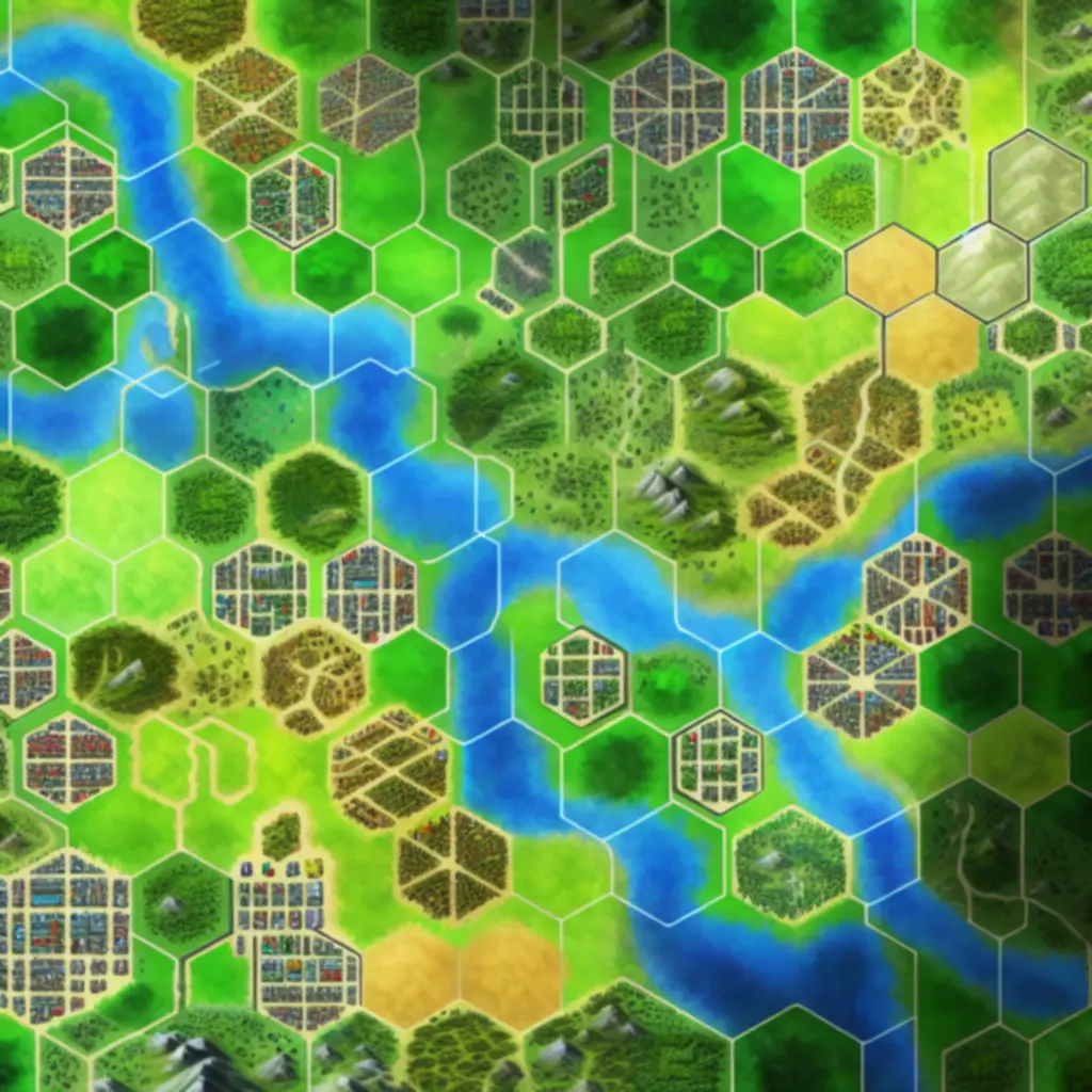 Panoramiczny widok mapy w Civilization VI z rozbudowanym miastem