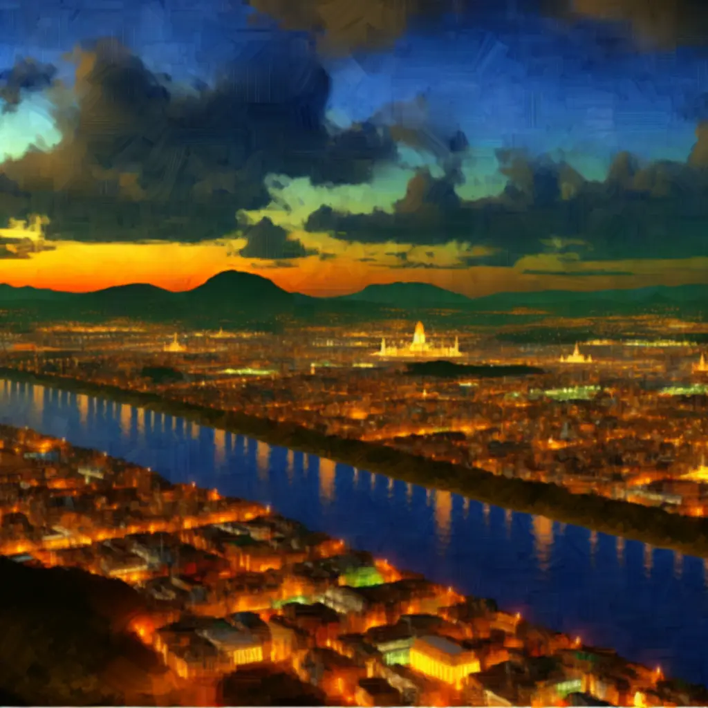 Panorama mapy w Civilization VI z dzielnicami i cudami świata o zachodzie słońca