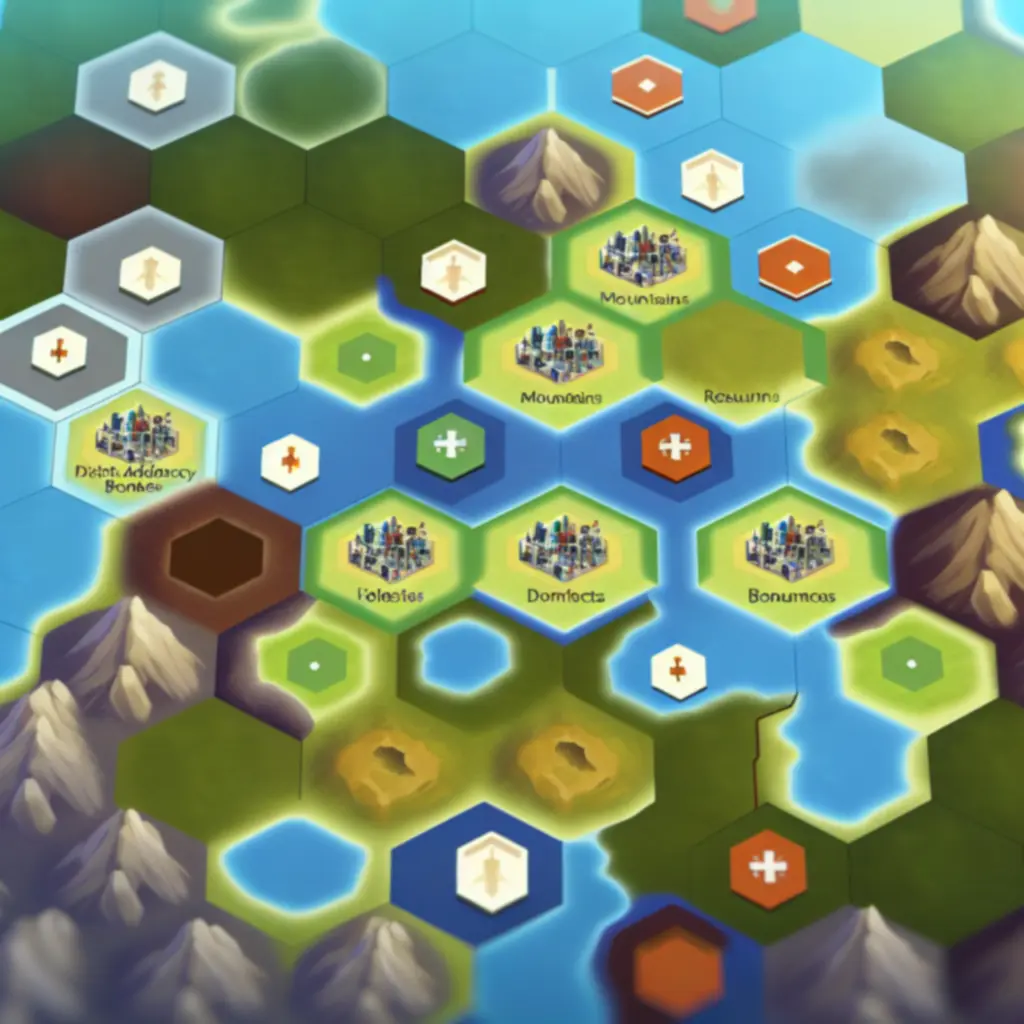 Infografika pokazująca zależności między dzielnicami, terenem i premiami sąsiedztwa w Civilization VI