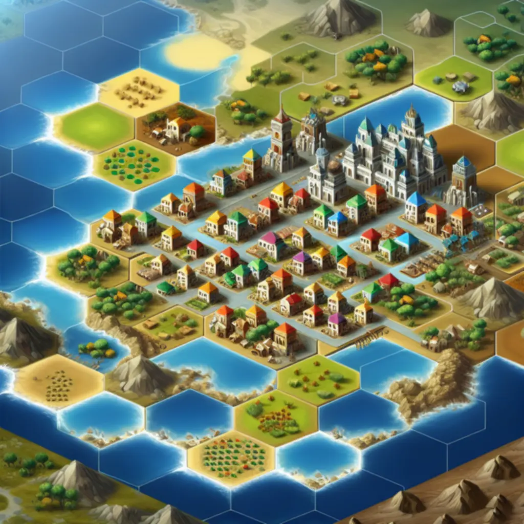 Panorama mapy w Civilization VI z miastem i dystryktami